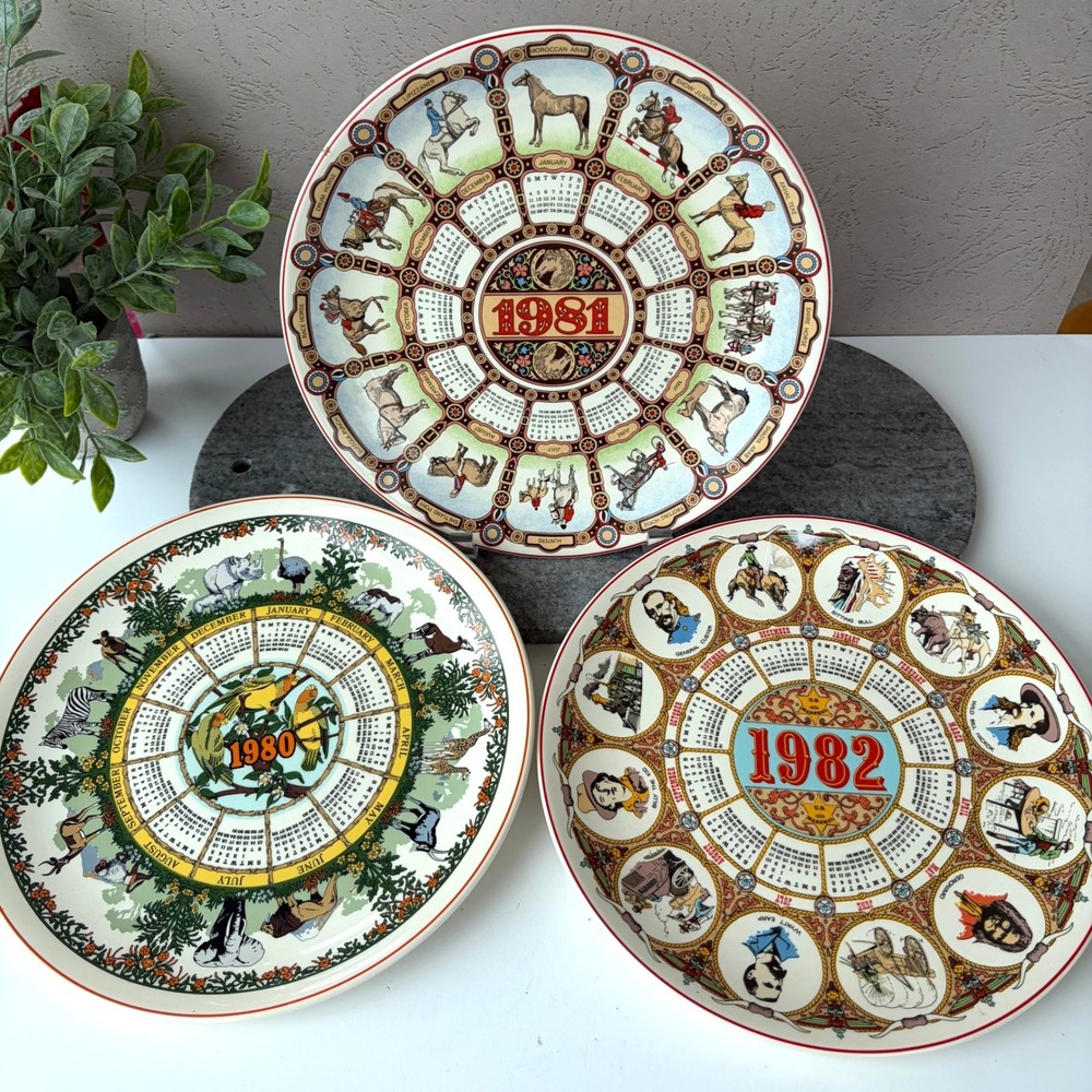 Vintage Wedgwood Calendar Plates 1980 1981 1982 Safari Horses Wild West Set of 3